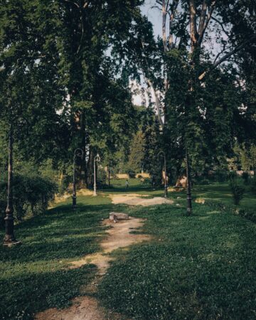 A path winds through a grassy park lined with vintage-style street lamps under a canopy of large, leafy trees, with two small figures walking in the distance.