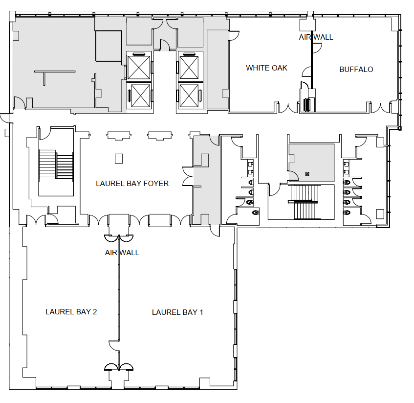 Floor plan showing rooms labeled Laurel Bay 1 & 2, Laurel Bay Foyer, White Oak, Buffalo, elevators, restrooms, and air walls.
